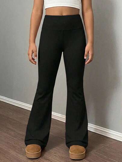 SHEIN Tween Girls Black Knit Thick Flare Pants, Casual Versatile Daily Fashion Pants