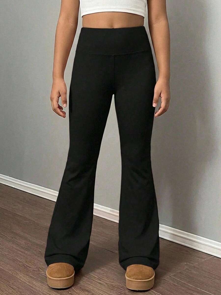 SHEIN 青少年女孩黑色针织厚喇叭裤，休闲百搭日常时尚裤 - 黑色 - 查看 1