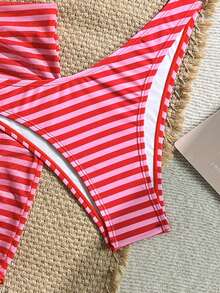 Swim Mod 3pcs/Set Striped Print Spaghetti Strap Backless Beachwear Bikini Set - Pink - View 3