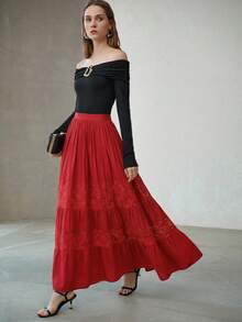 MOTF PREMIUM WOMEN'S CONTRAST LACE RUFFLE HEM SKIRT - Burgundy - View 1