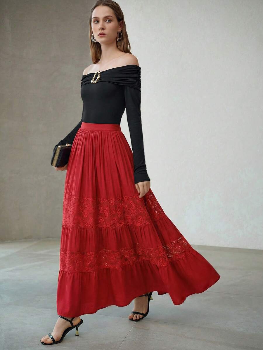 MOTF PREMIUM WOMEN'S CONTRAST LACE RUFFLE HEM SKIRT - Burgundy - View 1