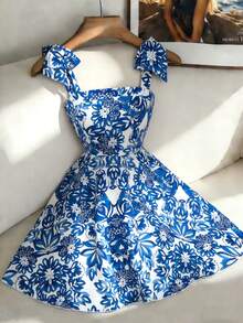 Elenzga New Floral Print Shoulder Tie Cinched Waist A-Line Dress, Flattering Silhouette, Elegant Casual Vacation Dress - Multicolor - View 6