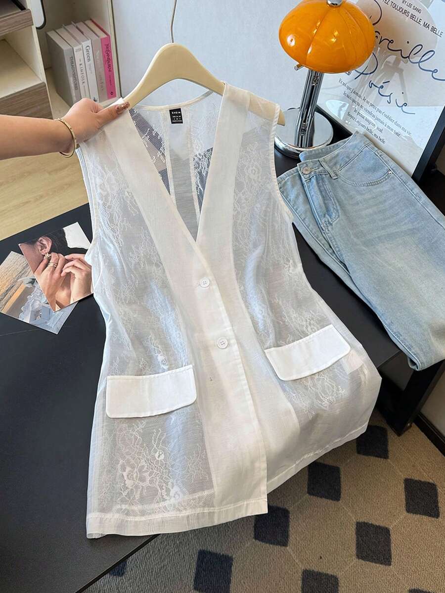 Franclia 女士轻薄蕾丝拼接深V领无袖外套，春夏款 - 白色 - 查看 1