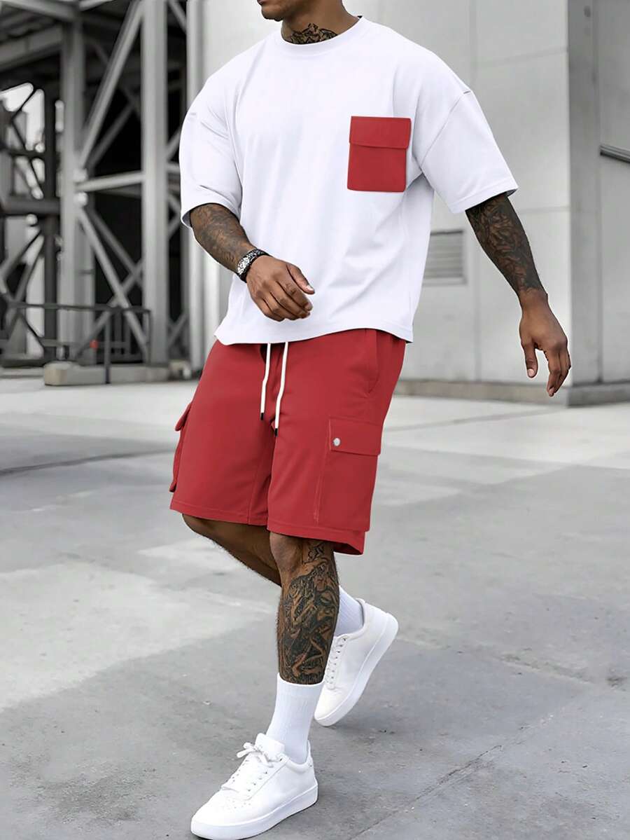 Manfinity Homme Men's Contrast Color Round Neck Drop Shoulder Short Sleeve Casual Loose T-Shirt Set Red And White Shorts Sets For Men Men Color Block Sets - Multicolor - View 1