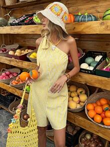 Selianne Women's Plaid Fabric Oblique Shoulder Casual Jumpsuit, Suitable For Vacation And Daily Life - Yellow - View 3