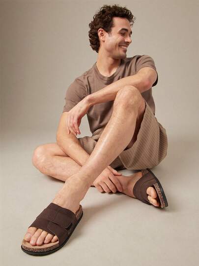 SHUZIA #QuietLuxury Men's  One-Band Adjustable Suede Brown Footbed Slide Sandals – Minimalist, Versatile & Comfortable