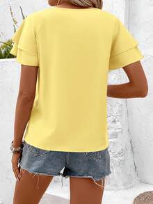 Balvessa Women's Simple Casual Solid Color Round Neck Ruffle Sleeve Blouse, Summer - Light Yellow - View 2
