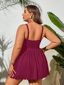 Swim Lushoire 2026 Elegante abito da spiaggia per donne taglia forte, abito con spalline sottili in tessuto a costine confortevole + slip a triangolo aderente, set da 2 pezzi, abito costume da bagno taglia forte - Bordò - Visualizzare 2