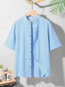 SHEIN Kids/Tween Boys' Solid Color Single-Breasted Short Sleeve Textured Casual Striped Collar Shirt, Comfortable And Fashionable For Summer, Suitable For Daily Wear, School, Travel, And Beach Vacation - Blue - View 2