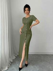 Elenzga Đầm cardigan tay ngắn ôm sát người, kiểu dáng dự tiệc mùa xuân/hè dành cho nữ, phong cách thành thị, sang trọng, thời trang Pháp, ngọt ngào, gợi cảm, thích hợp mặc hàng ngày. Đầm maxi dệt kim cổ tròn cài nút phối màu đen trắng tương phản, thích hợp cho kỳ nghỉ. - xanh quân đội - Xem 3