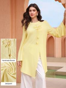 Graceveil 1pc Women's Solid Color Round Neck Textured 3D Floral Split Asymmetrical Long Sleeve T-Shirt - Yellow - View 11