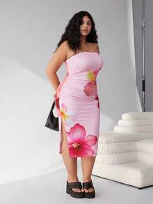 SHEIN EZwear 大码女士情人节印花抹胸优雅连衣裙 - 粉色 - 查看 3