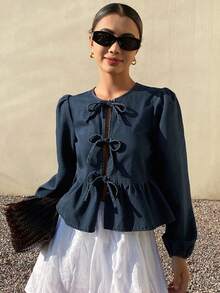 DAZY 女士灯笼袖前系带荷叶边下摆牛仔外套 - 藍色 - 查看 6