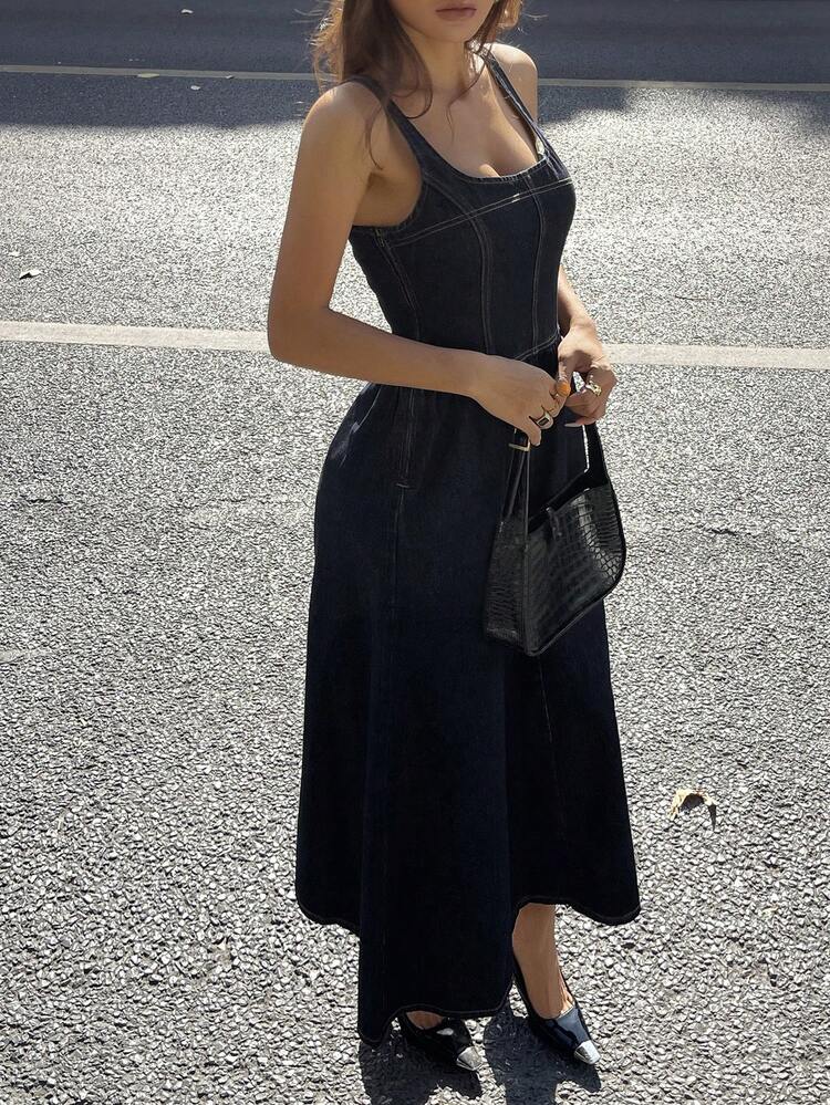 Women's Casual Washed Sleeveless Long Denim Dress