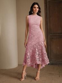 Anewsta 女士优雅圆领蕾丝镂空拼接连衣裙，春夏款 - 粉色 - 查看 4