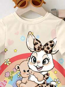 1 Set Baby Girls Lovely Rabbit Ear Leopard Print Heart Graphic Crew Neck Short Sleeve T-Shirt And Knitted Bell-Bottom Pants Cute Outfit - Multicolor - View 6