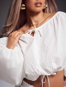 Denimoi 高品质圆领系带灯笼袖短款上衣，适合春夏穿着 - 白色 - 查看 6