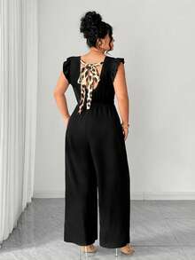 SHEIN Elenzya Women's Round Neck Backless Leopard Print Tie Waist Flutter Sleeve Jumpsuit, Casual/Holiday/Date/Commute Loose Wide Leg Pants Women's Jumpsuits Elegant Jumpsuits Palazzo Jumpsuit Sleeveless Jumpsuit Black Jumpsuit Flare Jumpsuit - Black - View 8