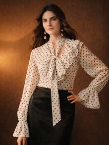 Anewsta 女士优雅波点复古浪漫白色雪纺衬衫，适合春季、新年、圣诞节、情人节、婚礼、时尚节日等场合。 - 白色 - 查看 5