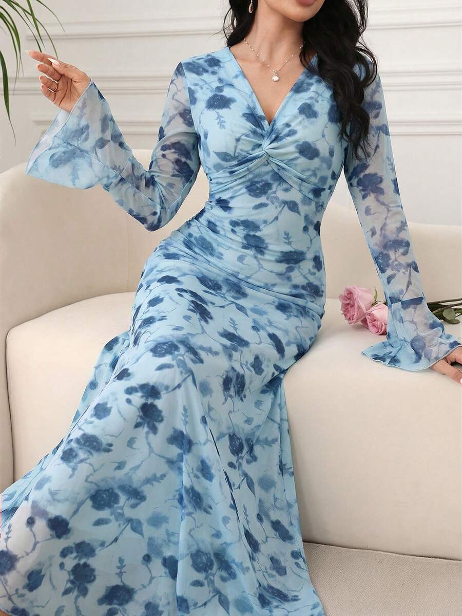 Modelyn 女士V领扭结长款修身喇叭袖连衣裙，春夏款