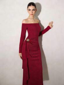 Modelyn Women's Elegant Solid Color Off-Shoulder Mid-Length Dress - Red - View 5