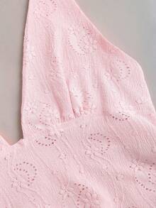 Sweetra 女士性感纹理刺绣吊带上衣和迷你百褶蛋糕裙套装 - 粉色 - 查看 7