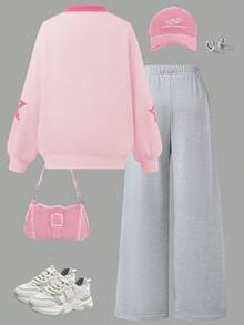 Sparklyn 2 件套女孩休闲时尚街头风格数字和英文字母星星图案 V 领宽松长袖上衣和阔腿运动裤运动套装，日常穿着 - 彩色 - 查看 2