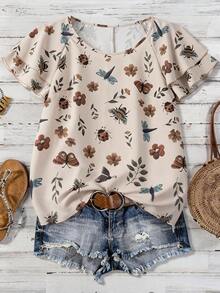 Linhara Plus Size Women Insect & Floral Print Round Neck Double Layer Ruffle Sleeve Loose Casual Everyday Blouse, Summer New - Multicolor - View 6