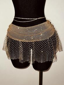 SHEIN Jeanoir Women's Sexy Mini Skirt, Fishnet Inlaid With Rhinestones, Shiny And Suitable For Party Outfits - Champagne - View 5