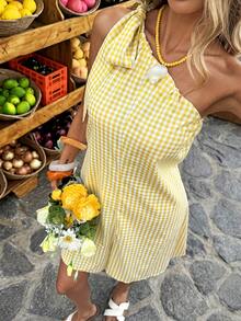 Selianne Women's Plaid Fabric Oblique Shoulder Casual Jumpsuit, Suitable For Vacation And Daily Life - Yellow - View 1