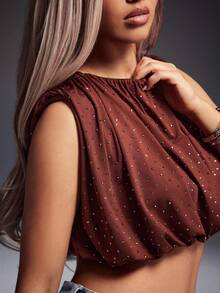 Denimoi Women's Sleeveless Pleated Rhinestone Embellished Crop Top - Brown - View 2