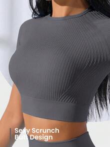 Gameset SHEIN Sport 无缝弹力女式纯色短袖上衣和裤子运动套装女式运动套装健身服女式健身装备女式运动服女式运动服锻炼 - 深灰色 - 查看 3