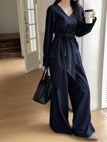 女士V领长袖打结腰身牛仔上衣搭配牛仔裤休闲装 - 藍色 - 查看 3