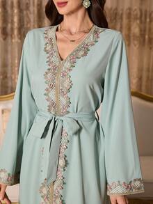 Elenzga Women's Loose V-Neck Ruffle Hem Long Sleeve Belted Robe, Turkish Abaya, Arabic Style Robe - Green - View 6