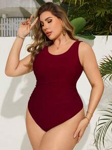 Swim Lushoire 大码女士连体泳衣，纯黑色，适合海滩、派对、度假 - 酒紅色 - 查看 4