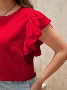 SHEIN Clasi 大码女式夏季简约纯色圆领荷叶边下摆上衣 - 紅色 - 查看 7