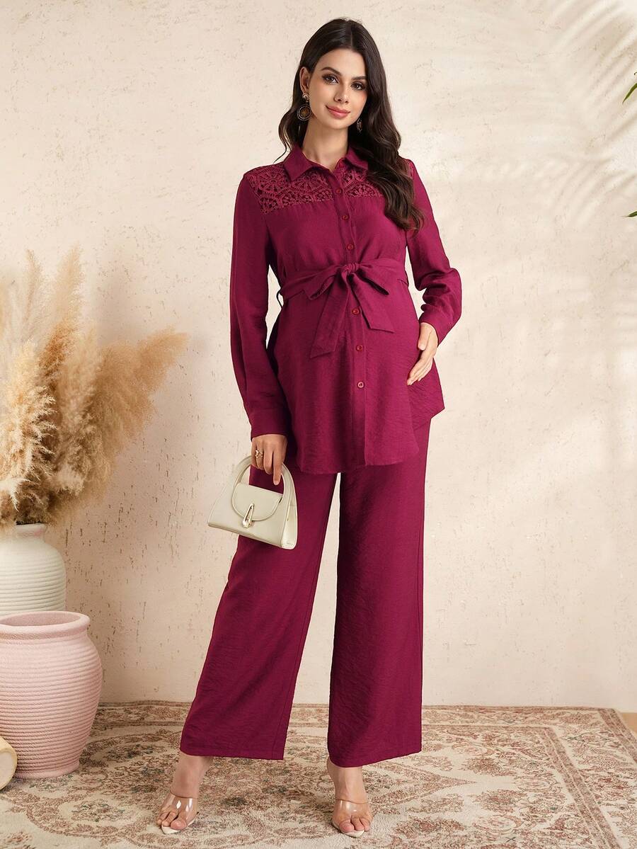 SHEIN Maternity Solid Color Contrast Lace Long Sleeve Button-Up Shirt And Pants Elegant 2-Piece Set - Burgundy - View 1