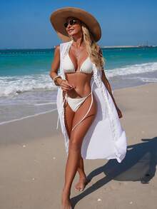 Swim Lushoire 女士夏季度假沙滩撞色蕾丝前系带雪纺和服罩衫 - 白色 - 查看 4