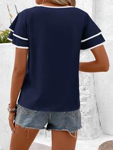 Breezaya 女士休闲圆领荷叶边撞色短袖衬衫 - 寶藍色 - 查看 2