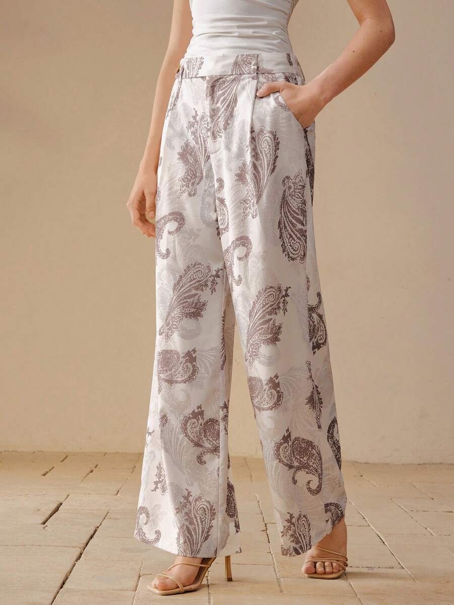 MOTF PREMIUM WOMEN'S PRINTED CASHEW FLOWER DISTRESSED FLARED LEG PANTS, SPRING/SUMMER - Beige - View 1