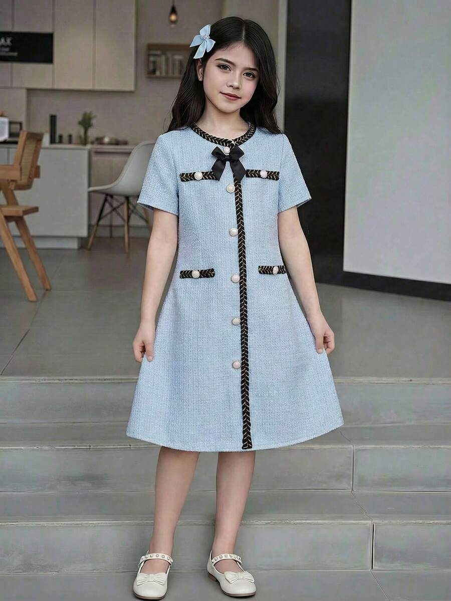 Elladie kids 少女夏季新款撞色丝带蝴蝶结装饰优雅时尚休闲百搭短袖连衣裙 - 藍色 - 查看 1