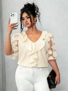 SHEIN Elenzya 大码女式薄纱泡泡袖纯色V领荷叶边下摆上衣，夏季 - 杏色 - 查看 4