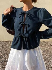 DAZY 女士灯笼袖前系带荷叶边下摆牛仔外套 - 藍色 - 查看 4