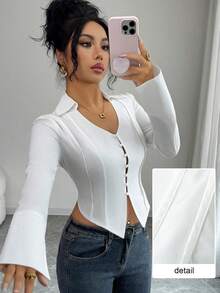Modelyn White Long Sleeve V-Neck Mushroom Button Decor Sexy Fitted Blouse - White - View 2
