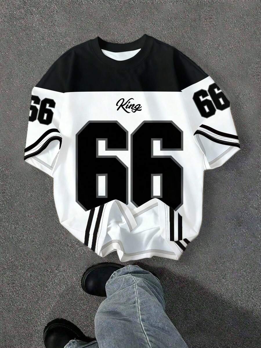 SHEIN EZwear 休闲简约数字66印花圆领宽松女式T恤 - 彩色 - 查看 1