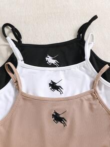 SHEIN Sparklyn 三件套少女休闲连体裤套装，包括一件纯色针织连体衣，饰有马匹刺绣细节，经典无袖款式，适合夏季、春秋季穿着。 - 彩色 - 查看 3