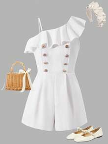 SHEIN Sparklyn Elegant Asymmetric Ruffle Design Metal Button Jumpsuit, Suitable For Teen Girls, Spring/Summer, Commuting - White - View 3