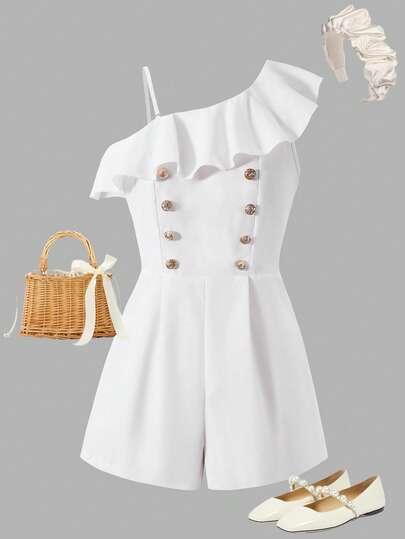 SHEIN Sparklyn Elegant Asymmetric Ruffle Design Metal Button Jumpsuit, Suitable For Teen Girls, Spring/Summer, Commuting