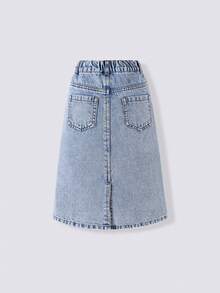 1pc Young Girl Denim A-Line Skirt, Sweet & Cute Countryside Style Casual School, Light Blue Denim With Floral Embroidery Decor, Loose Fit Flattering, Elastic Waist & Button Front Closure, Comfortable Summer Wear - Light Wash - View 2