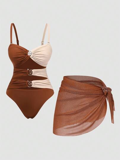 Swim Oasis Plus Size Women Vacation Contrast Color Ruched Hollow Out Sexy Spaghetti Strap One-Piece Swimsuit With Cover Up Skirt